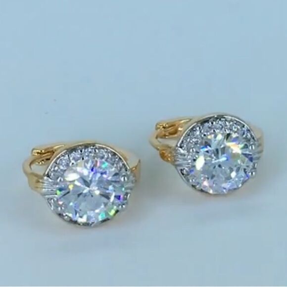 14K Yellow Gold with White Diamond Cubic Zirconia Halo Huggie Hoop Drop Earrings - Picture 7 of 13